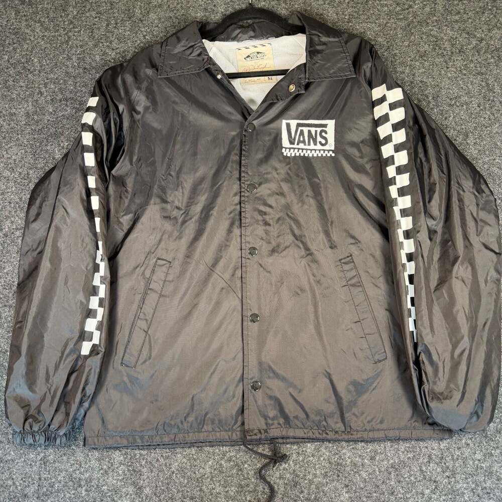 Vans Off The Wall Coach Windbreaker Jacket Black with Checkerboard Sleeve Detail